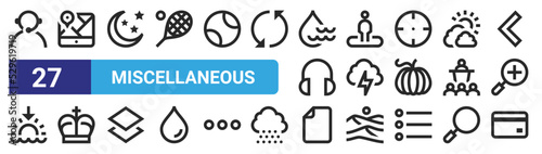 set of 27 outline web miscellaneous icons such as support, map, night, position, storm, crown, file, credit card vector thin icons for web design, mobile app.