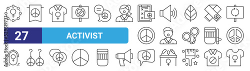 set of 27 outline web activist icons such as female, banner, tshirt, speaker, man, earrings, peace, tshirt vector thin icons for web design, mobile app.