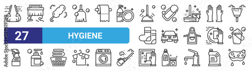 set of 27 outline web hygiene icons such as broom, brush, duster, soap, car, gel, cleaning, sponge vector thin icons for web design, mobile app.