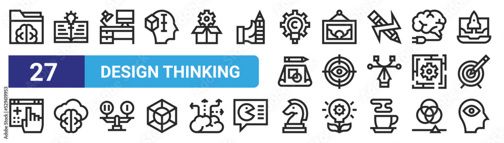 set of 27 outline web design thinking icons such as folder, open book, workspace, image, vision, cloud, strategy, inspire vector thin icons for web design, mobile app.