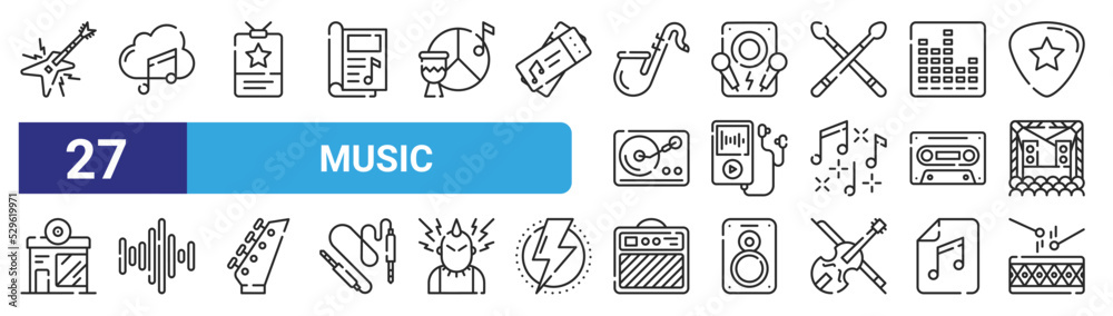 set of 27 outline web music icons such as electric guitar, music cloud, id card, speaker, music player, frequency, amplifier, drum vector thin icons for web design, mobile app.
