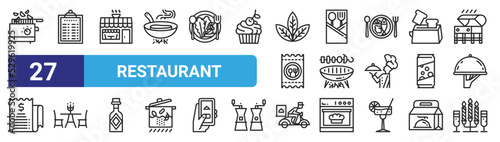 set of 27 outline web restaurant icons such as fryer, menu, cafe, spoon, , restaurant, delivery, candle vector thin icons for web design, mobile app.