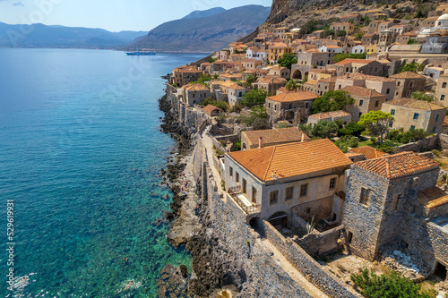 Aerial view of the medieval  castle of Monemvasia, Lakonia, Peloponnese, Greece