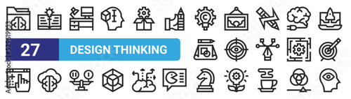 set of 27 outline web design thinking icons such as folder, open book, workspace, image, vision, cloud, strategy, inspire vector thin icons for web design, mobile app.