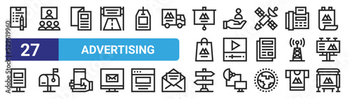 set of 27 outline web advertising icons such as clipboard, videocall, brochure, customer, video player, mailbox, panel, bus stop vector thin icons for web design, mobile app.