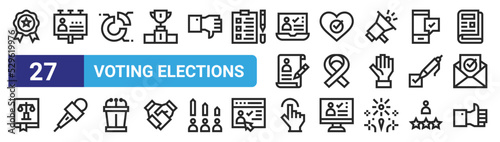 set of 27 outline web voting elections icons such as medal, campaign, rate, voting, ribbon, live, click, like vector thin icons for web design, mobile app.