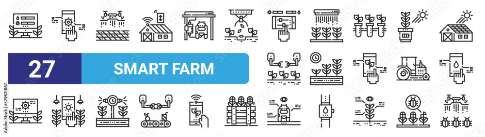 set of 27 outline web smart farm icons such as farming, smartphone, drone, smart farm, growth, farming, milking, pest vector thin icons for web design, mobile app.