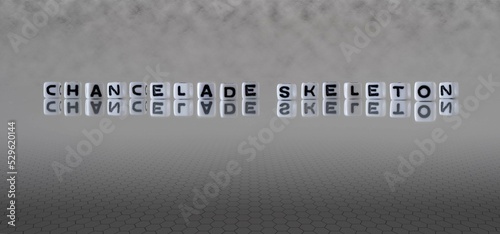 chancelade skeleton word or concept represented by black and white letter cubes on a grey horizon background stretching to infinity