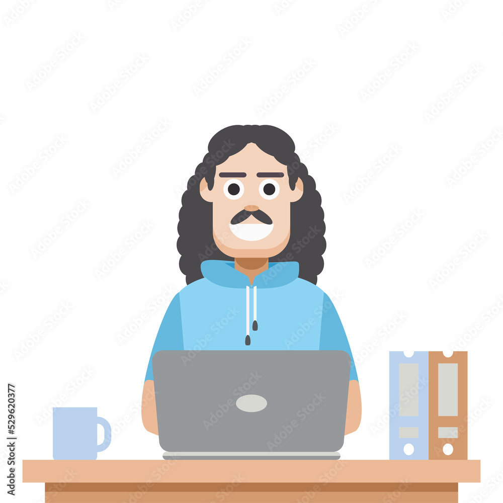 Man Using Laptop For Work From Home Wear Short Hoodie Man Using Laptop For Work From Home Wear Short Hoodie
