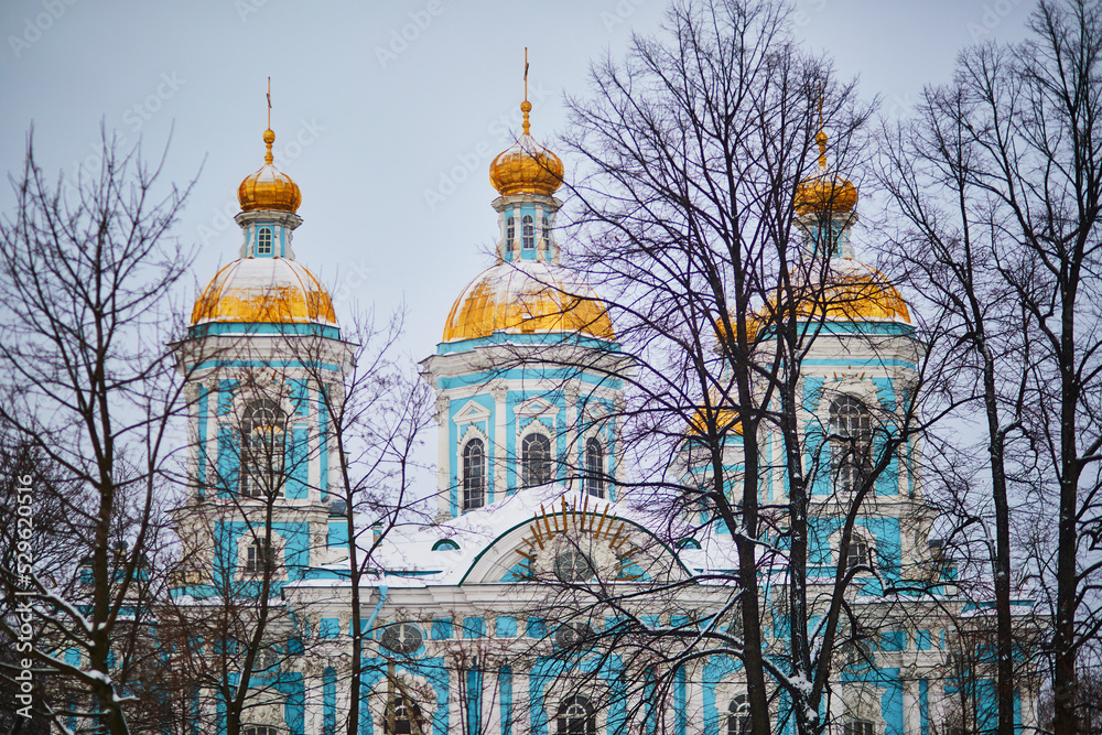 Scenic view of St. Nicholas Naval Cathedral on cold snowy winter day in Saint Petersburg, Russia