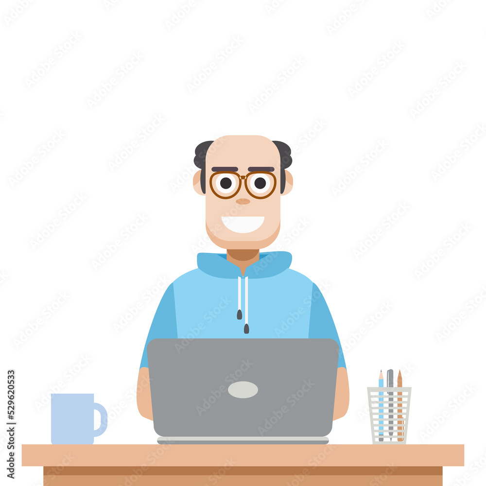 Man Using Laptop For Work From Home Wear Short Hoodie Man Using Laptop For Work From Home Wear Short Hoodie