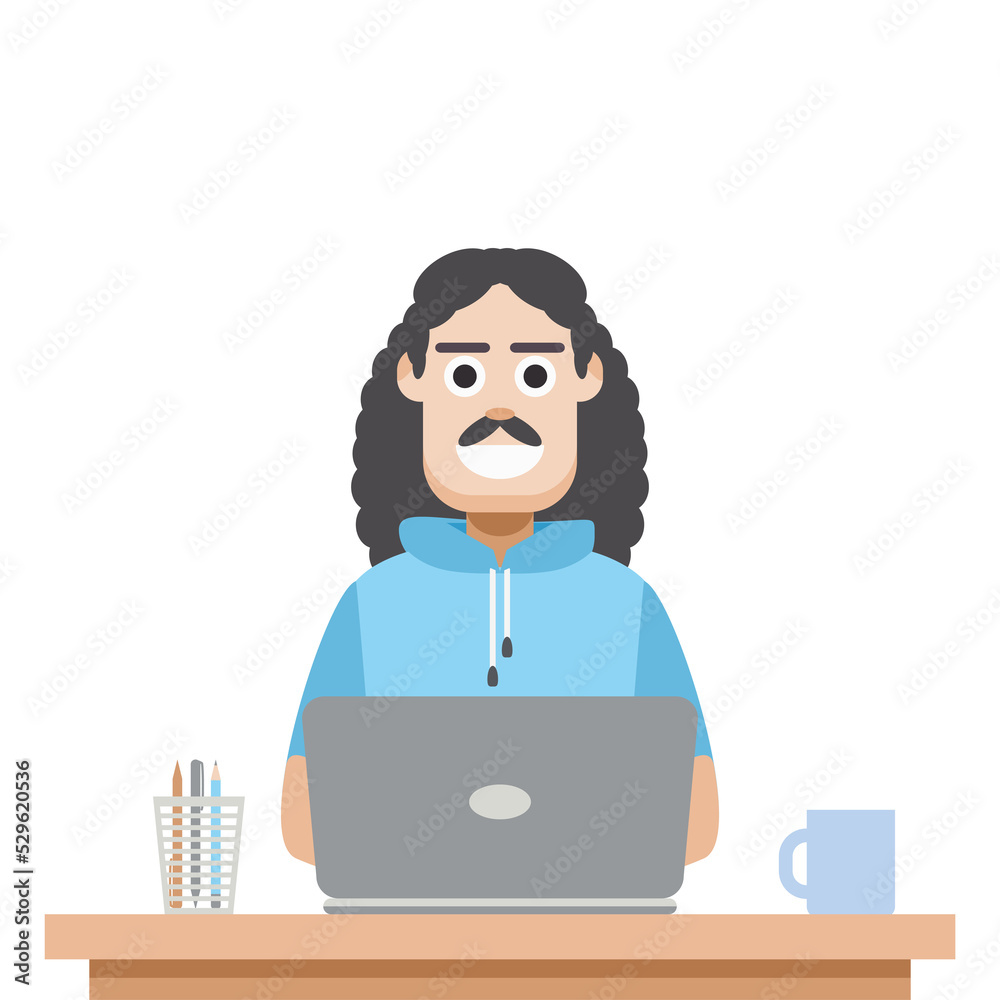 Man Using Laptop For Work From Home Wear Short Hoodie Man Using Laptop For Work From Home Wear Short Hoodie