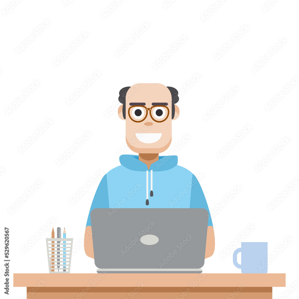Man Using Laptop For Work From Home Wear Short Hoodie Man Using Laptop For Work From Home Wear Short Hoodie