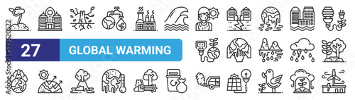 set of 27 outline web global warming icons such as sapling, city, drought, earthquake, ecology, greenhouse, pollution, wind power vector thin icons for web design, mobile app.