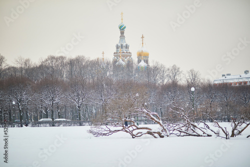 Savior on the Spilled Blood Church seen from Field of Mars on a snowy winter day in Saint Petersburg, Russia photo