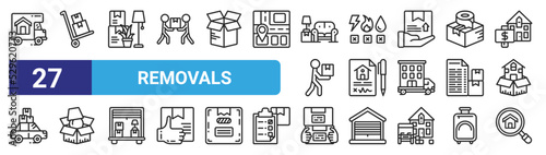 set of 27 outline web removals icons such as moving truck, trolley, boxes, utilities, contract, packing, boxes, magnifying glass vector thin icons for web design, mobile app.