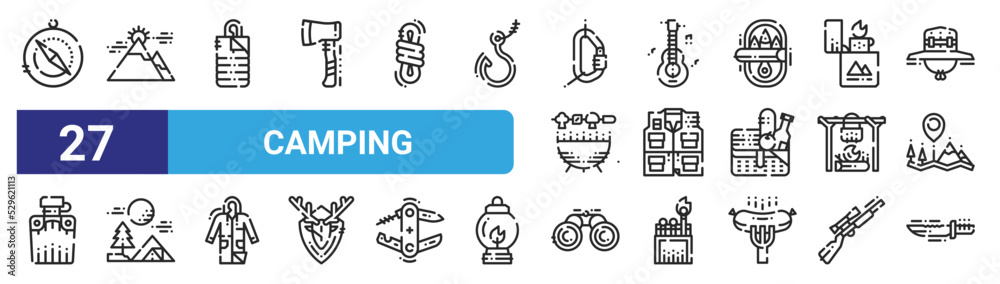 set of 27 outline web camping icons such as compass, mountain, sleeping bag, guitar, fishing vest, tent, binoculars, knife vector thin icons for web design, mobile app. set of 27 outline web camping icons such as compass, mountain, sleeping bag, guitar, fishing vest, tent, binoculars, knife vector thin icons for web design, mobile app.