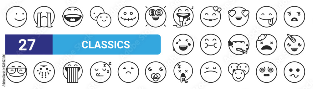 set of 27 outline web classics icons such as smile, cry, laugh, in love ...