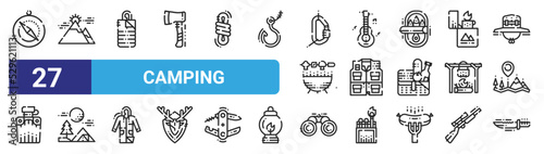 set of 27 outline web camping icons such as compass, mountain, sleeping bag, guitar, fishing vest, tent, binoculars, knife vector thin icons for web design, mobile app.