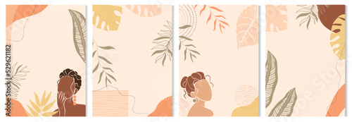 Social media template set. Minimal background for beauty hair salon with abstract portrait woman floral leaf vector.