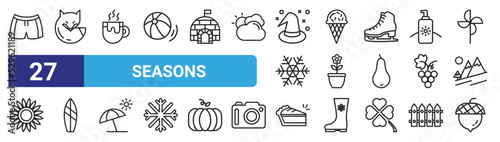 set of 27 outline web seasons icons such as swimsuit, fox, hot chote, ice cream, flower, suroard, pie, acorn vector thin icons for web design, mobile app.