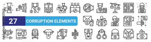 set of 27 outline web corruption elements icons such as suborn, refuse, hammer, cheater, vote, crime, cheater, money vector thin icons for web design, mobile app.