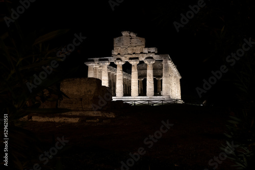 Night photos of the Greek temples of Paestum.