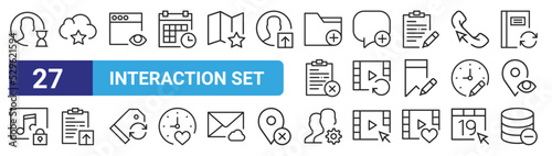 set of 27 outline web interaction set icons such as user, cloud computing, browser, speech bubble, video player, notepad, user, database vector thin icons for web design, mobile app.