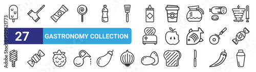 set of 27 outline web gastronomy collection icons such as ice cream, tenderizer, candy, coffee, , toffee, eggs, thermos vector thin icons for web design, mobile app.