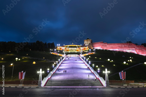 Night view of the Chkalovskaya Staircase and the Kremlin Wall with the St. George Tower. Nizhny Novgorod, Russia. The staircase was laid in 1944 in honor of the victory in the Battle of Stalingrad.