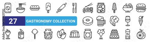 set of 27 outline web gastronomy collection icons such as can, noodles, sandwich, pickles, pint, can, mustard, fig vector thin icons for web design, mobile app.