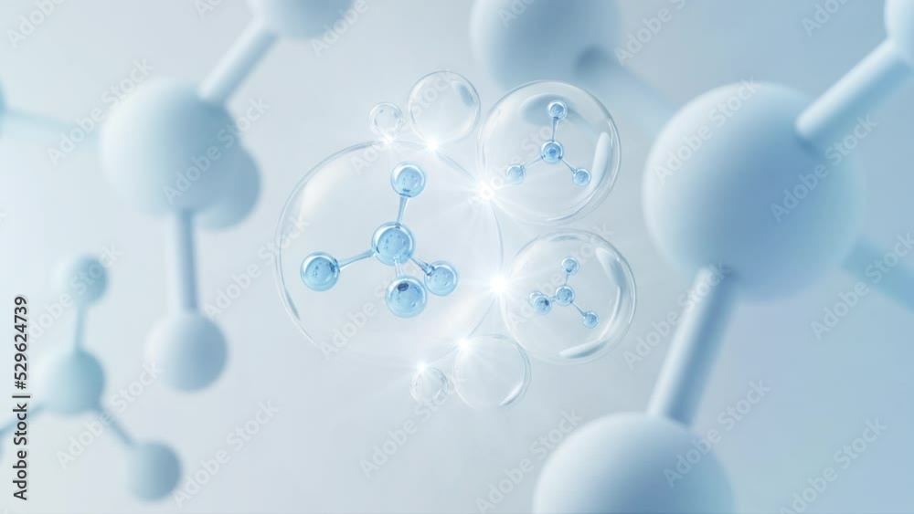 Cosmetic Essence, Liquid bubble, Molecule inside Liquid Bubble, 3d animation