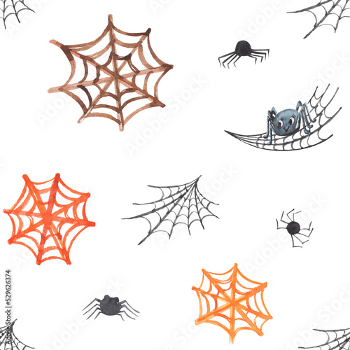 Simple seamless pattern with watercolor colorful spider net and cute black spiders on white background.