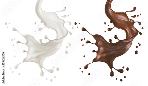 Chocolate or Cocoa and Milk splash isolated on white background Include clipping path, 3d illustration. photo