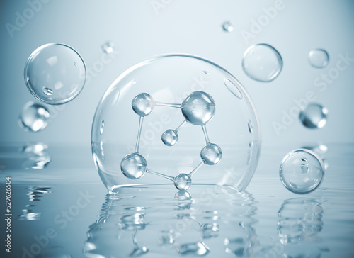 cosmetic moisturizer water molecule, Cosmetic Essence, Liquid bubble, Molecule inside Liquid Bubble on water background, 3d rendering