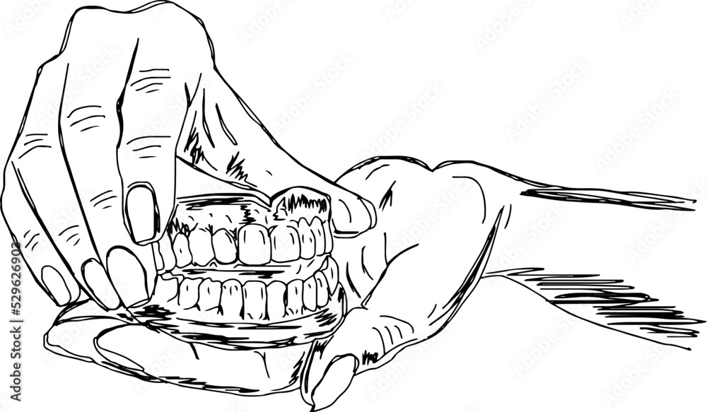 Dentist holding artificial teeth set vector illustration, outline