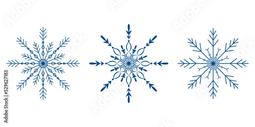 Set of blue frozen snowflakes on white background. Vector mandala style ornate snowflakes icon collection for your design, pattern and more.