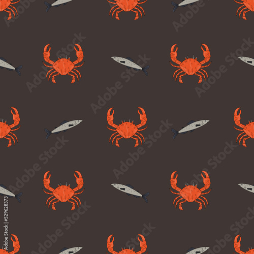 Seamless pattern with crabs and fish. The concept of a seafood store, a restaurant menu, a print for clothes and more. © Александра Туркина