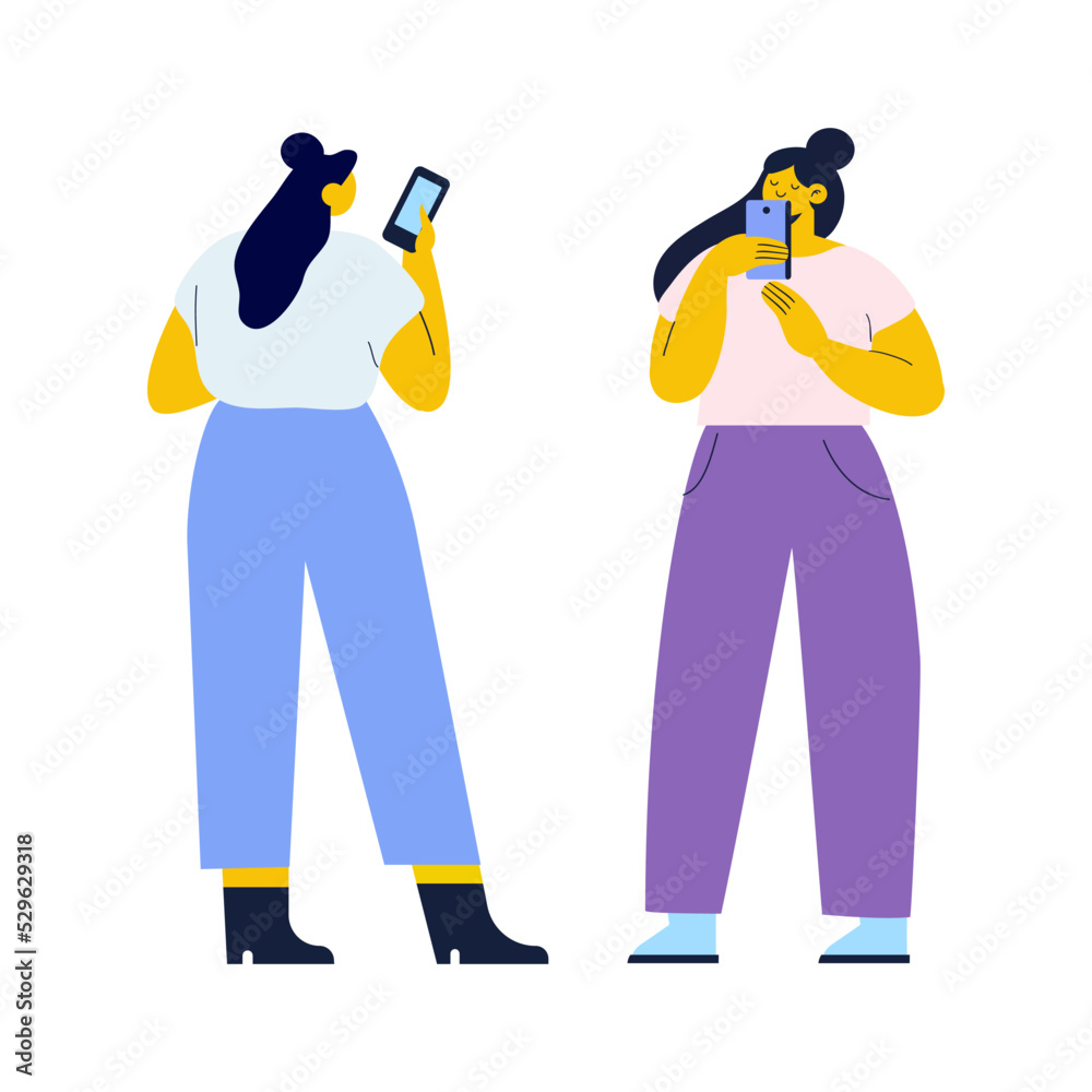 Girl holding cell phone in hand flat vector illustration