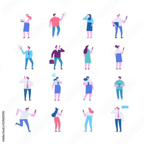 Tiny People silhouette holding phone in hand flat vector set