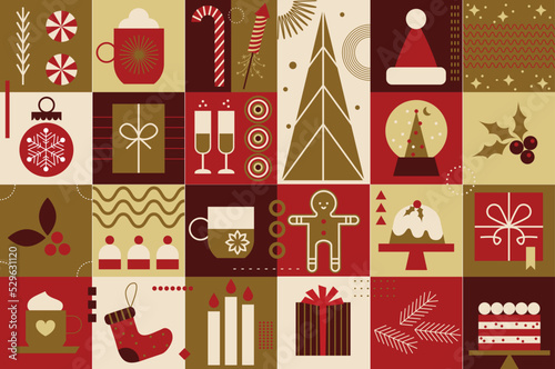 Christmas symbols. Merry Christmas. Christmas abstract geometric background with simple shapes, Santa Claus. Creative modern art. Bauhaus style merry Christmas poster