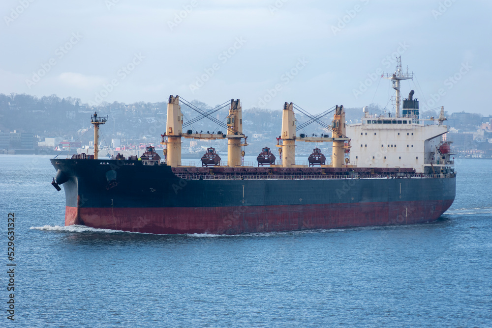 Cargo ship, bulk carrier, sailing out  of the New York Bay.