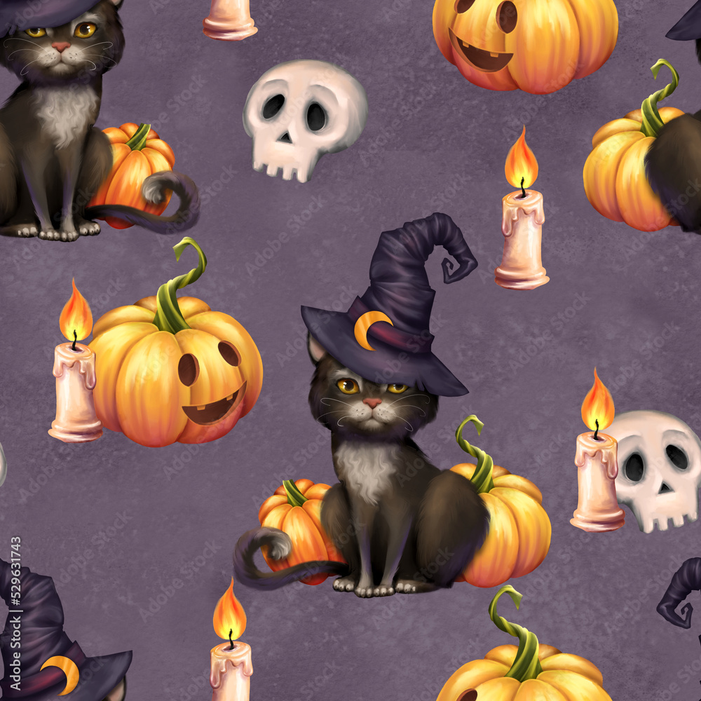Halloween seamless pattern with pumpkins, cats, skulls and candles. Halloween seamless pattern with pumpkins, cats, skulls and candles.