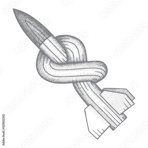 Knotted, disarmed rocket hand drawn illustration. Damaged rocket, stop bombing concept vintage style symbol. Part of set.