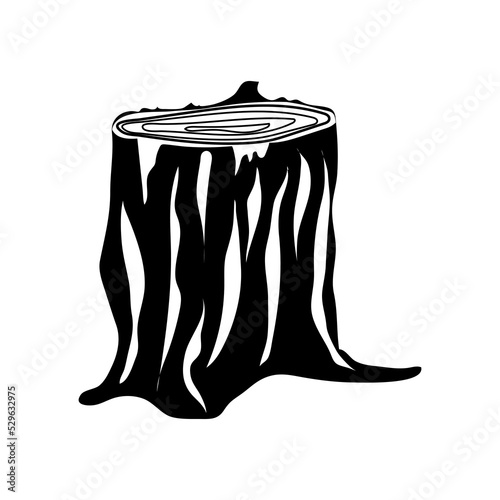 Isolated Tree stump dark engraved silhouettes. Hand drawn vector illustration