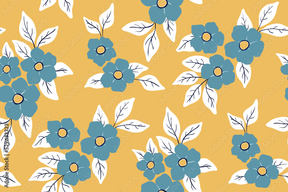 Seamless floral pattern with decorative art botany in retro style. Graphic botanical print with blue hand drawn flowers, large leaves in an abstract composition on a yellow background. Vector.