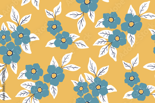Seamless floral pattern with decorative art botany in retro style. Graphic botanical print with blue hand drawn flowers  large leaves in an abstract composition on a yellow background. Vector.