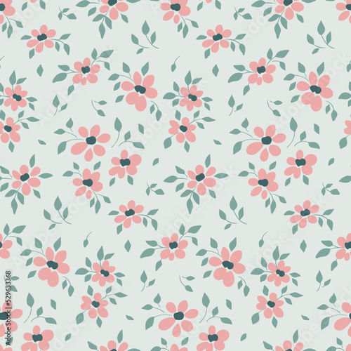 Seamless floral pattern, romantic ditsy print with small pink flowers in an abstract composition on a light blue background. Pretty botanical design with little drawing plants: flowers, leaves. Vector