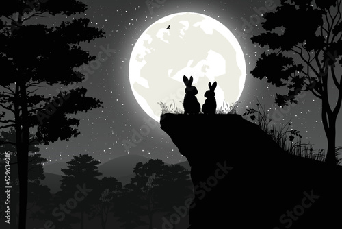 cute rabbit and moon silhouette landscape