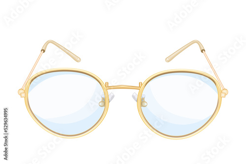 Glasses isolated on white background. Round lens type golden eyeglasses for read. Vintage, classic or fashion accessory. Glasses with yellow rimmed, front view. Stock vector illustration